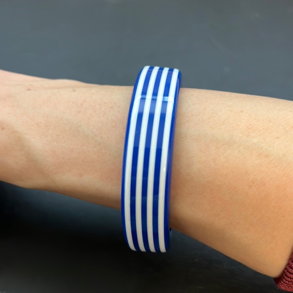 Vintage Plastic Bangle Bracelet, Blue, White, Striped, Retro, Boho